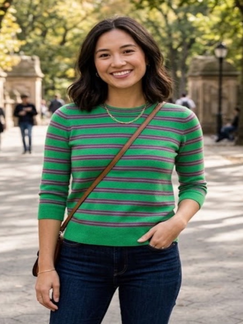J. Crew 100% Cashmere Bright Green Crewneck Sweater with Pink Stripes